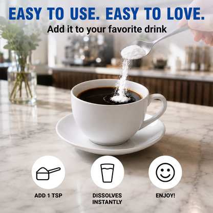 A white cup of black coffee on a saucer, with a spoon pouring Ultimate Organic Inulin Powder into it. Large text at the top reads 'EASY TO USE.'