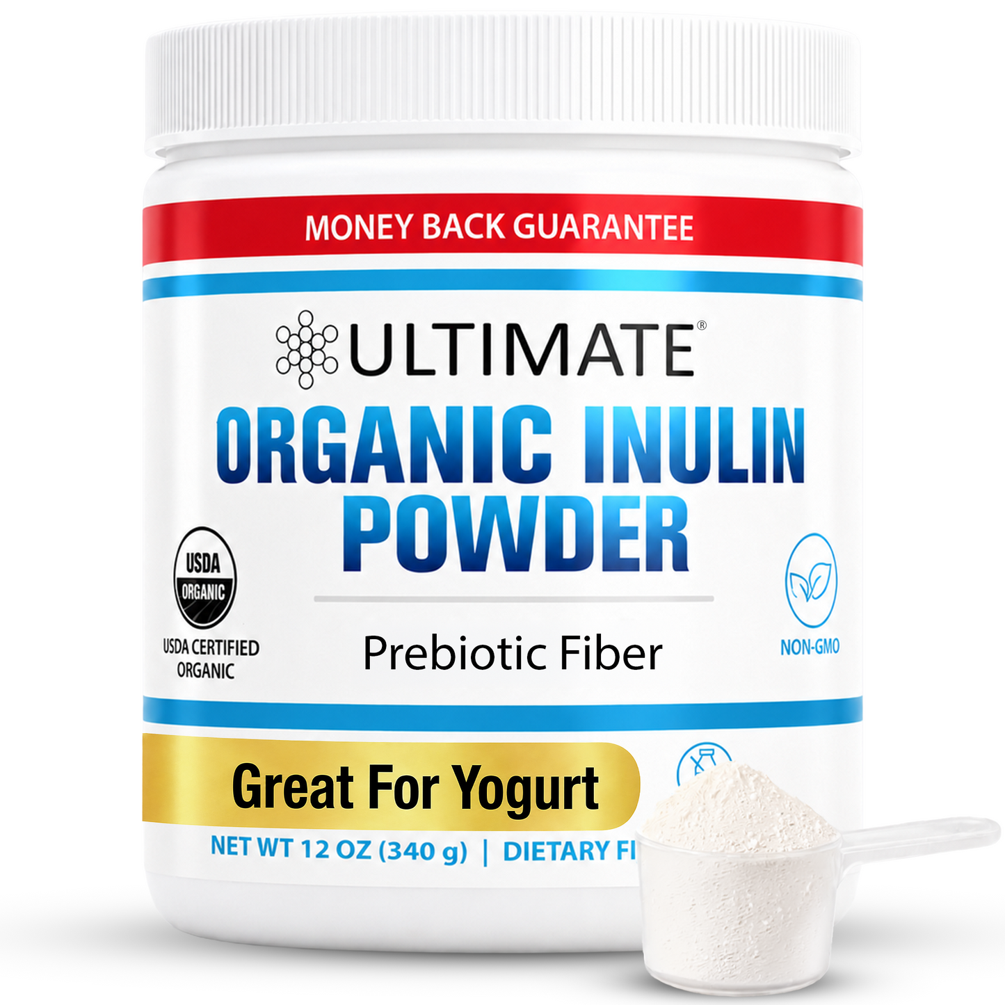 Container of Ultimate Organic Inulin Powder with a scoop of powder on a white background