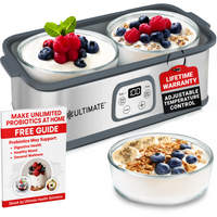 Ultimate Yogurt Maker with yogurt containers, berries, and a free guide on a white background