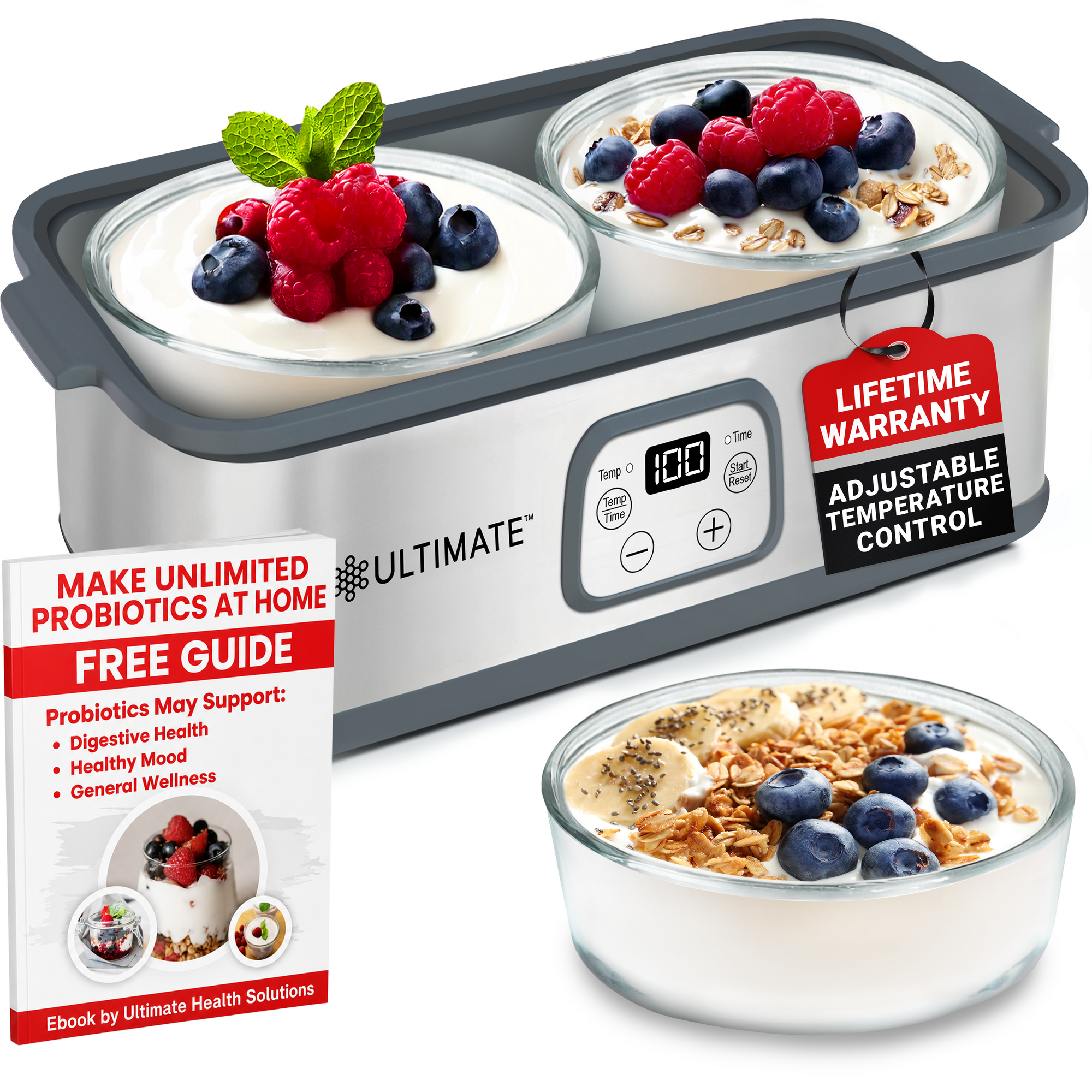 Ultimate Yogurt Maker with yogurt containers, berries, and a free guide on a white background