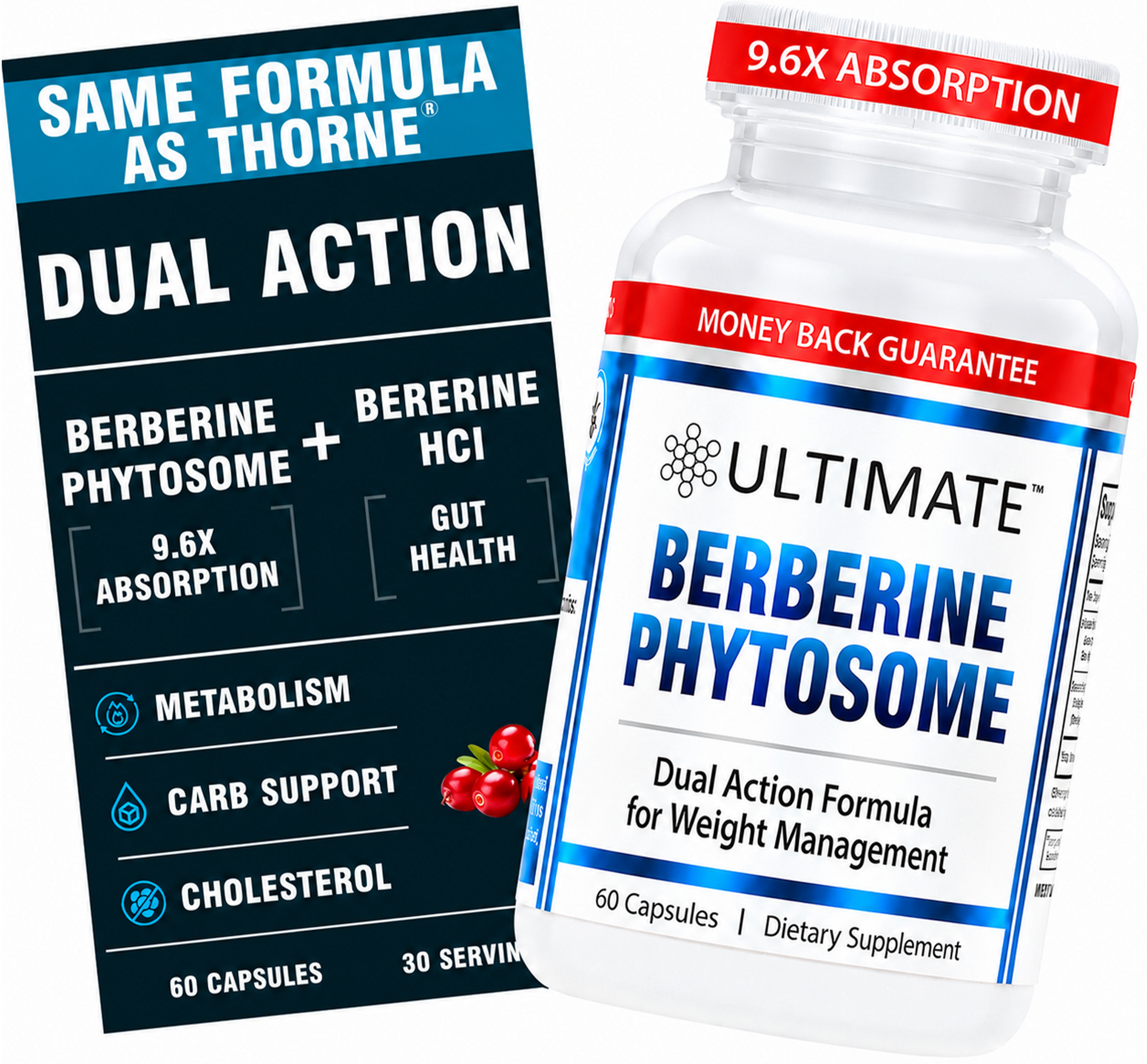 A bottle of Ultimate Berberine Phytosome dietary supplement shown next to its retail box. The white bottle has a red cap and a white label with blue and red text.
