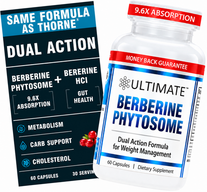 A bottle of Ultimate Berberine Phytosome dietary supplement shown next to its retail box. The white bottle has a red cap and a white label with blue and red text.