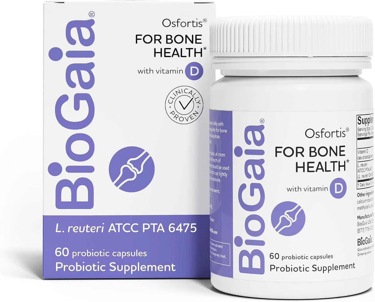 BioGaia Osfortis L. reuteri probiotic with vitamin D for bone health, 60-capsule bottle and box