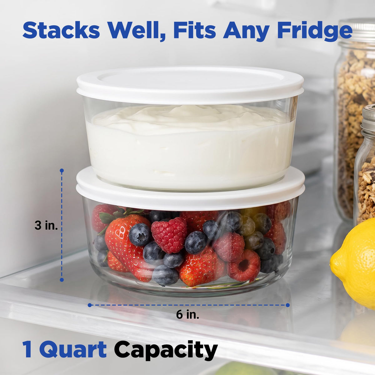 Two Ultimate Yogurt Containers with white lids stacked inside a refrigerator. The top container holds white yogurt, and the bottom container holds mixed berries.
