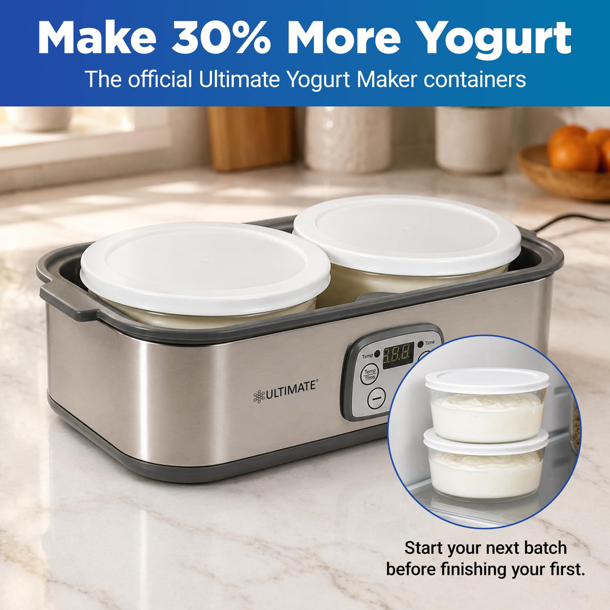 Ultimate Yogurt Maker stainless steel countertop appliance with two white-lidded containers, shown on a marble kitchen counter with promotional text and a small inset showing yogurt batches.