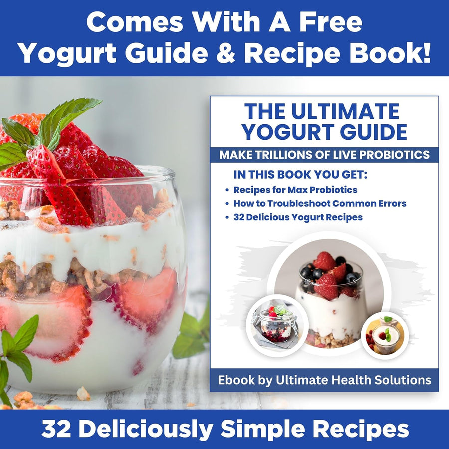 Ultimate Yogurt Maker comes with a free yogurt guide and recipe book