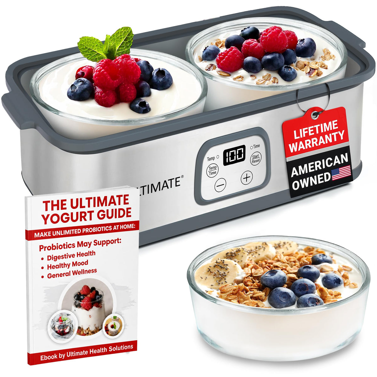 Ultimate Probiotic Yogurt Maker with two glass containers of berry yogurt, The Ultimate Yogurt Guide and lifetime warranty tag