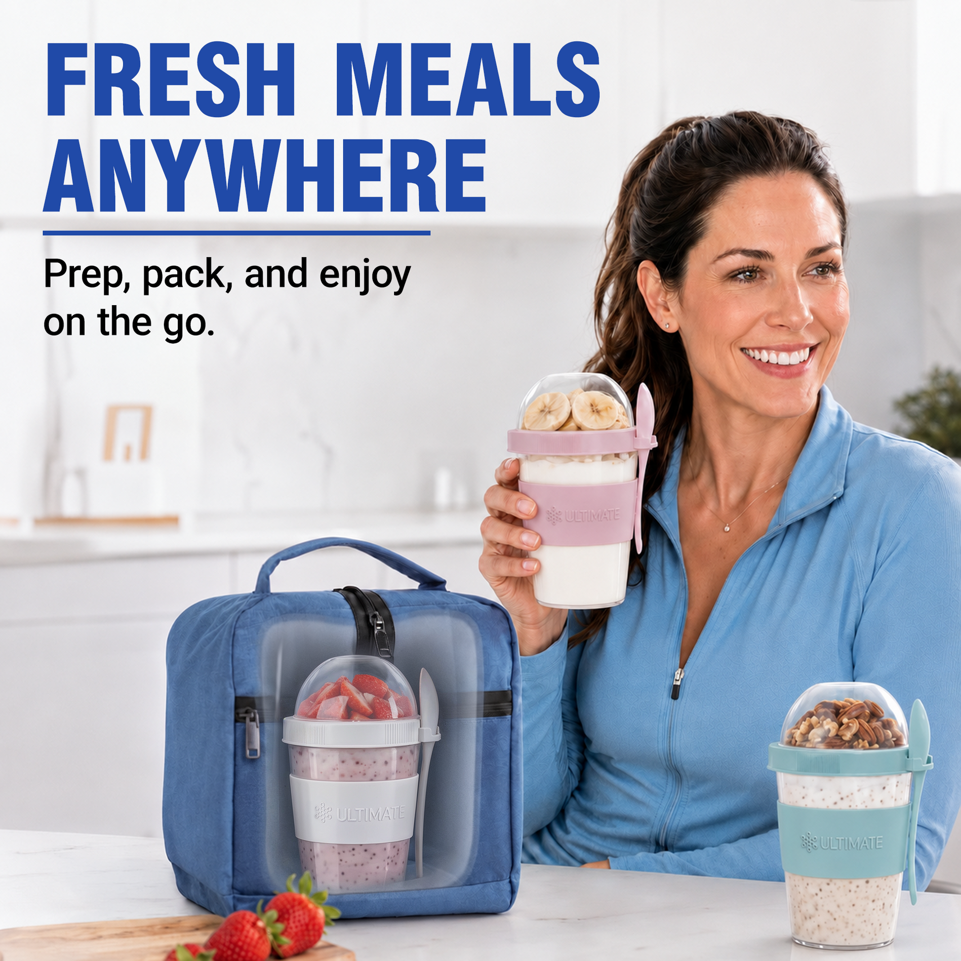 A woman in a blue zip-up top holds an Ultimate Yogurt Parfait Cup with a pink sleeve and clear lid, while a blue insulated lunch bag with a clear window sits beside it. Another meal container with a light blue sleeve is on the table.
