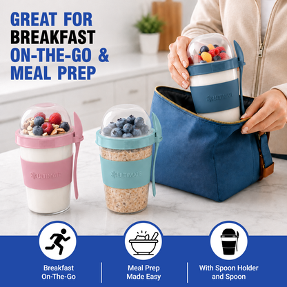 Three insulated Ultimate Yogurt Parfait Cups with lids and spoons in pink, blue, and teal are shown on a kitchen counter, with a person placing one cup into a blue lunch bag. Large text reads 'Great for Breakfast On-the-Go & Meal Prep,' and three feature icons appear along the bottom.