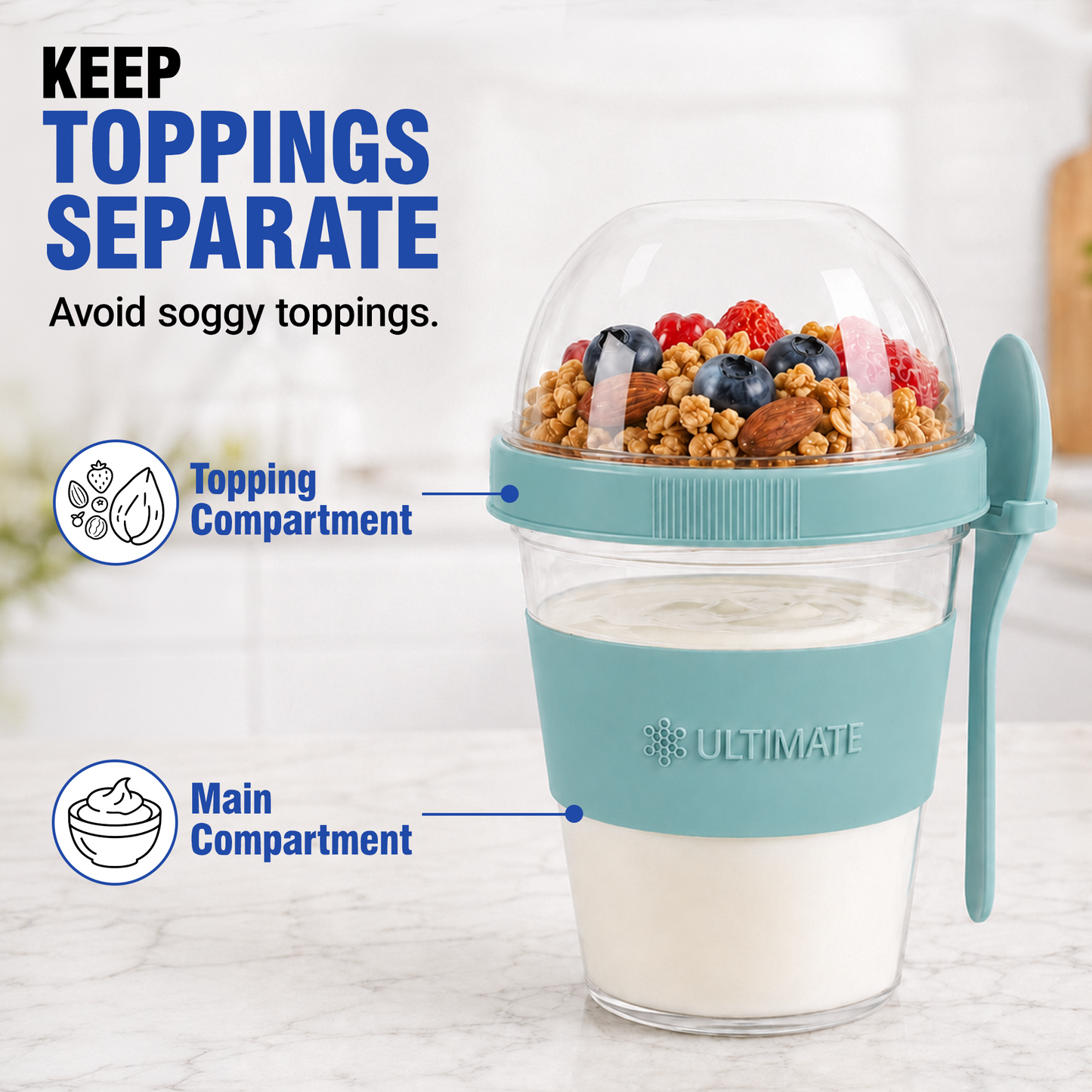 Ultimate Yogurt Parfait Cup with a clear domed lid, teal silicone sleeve, and side spoon, shown on a light marble surface with yogurt, granola, and berries inside. Text and callout icons explain the separate toppings compartment and main compartment.