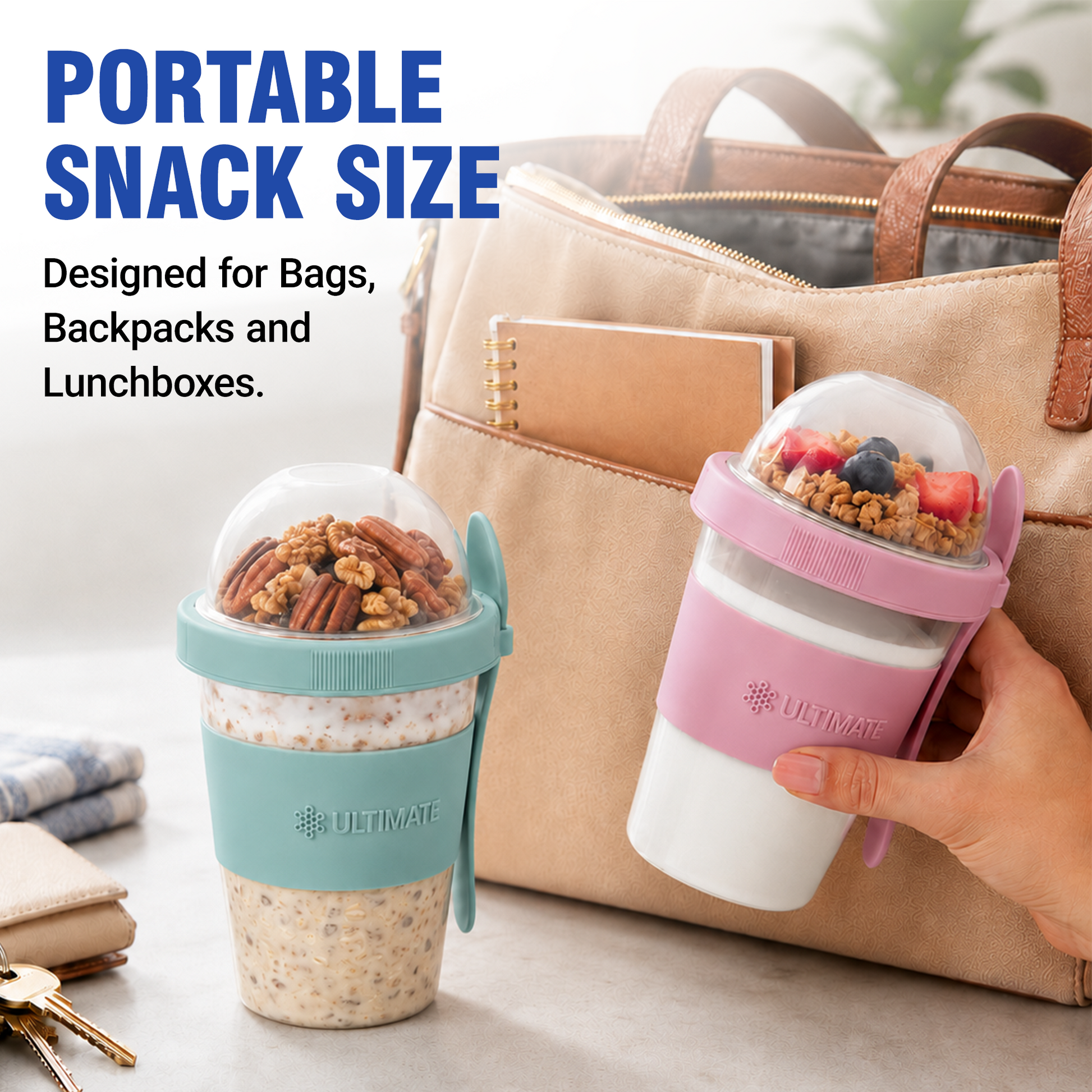 Two portable snack-size Yogurt Parfait Cups from Ultimate are shown on a tabletop beside a beige tote bag. One container has a teal sleeve and lid, filled with granola and pecans, and the other has a pink sleeve and lid, filled with yogurt and fruit.