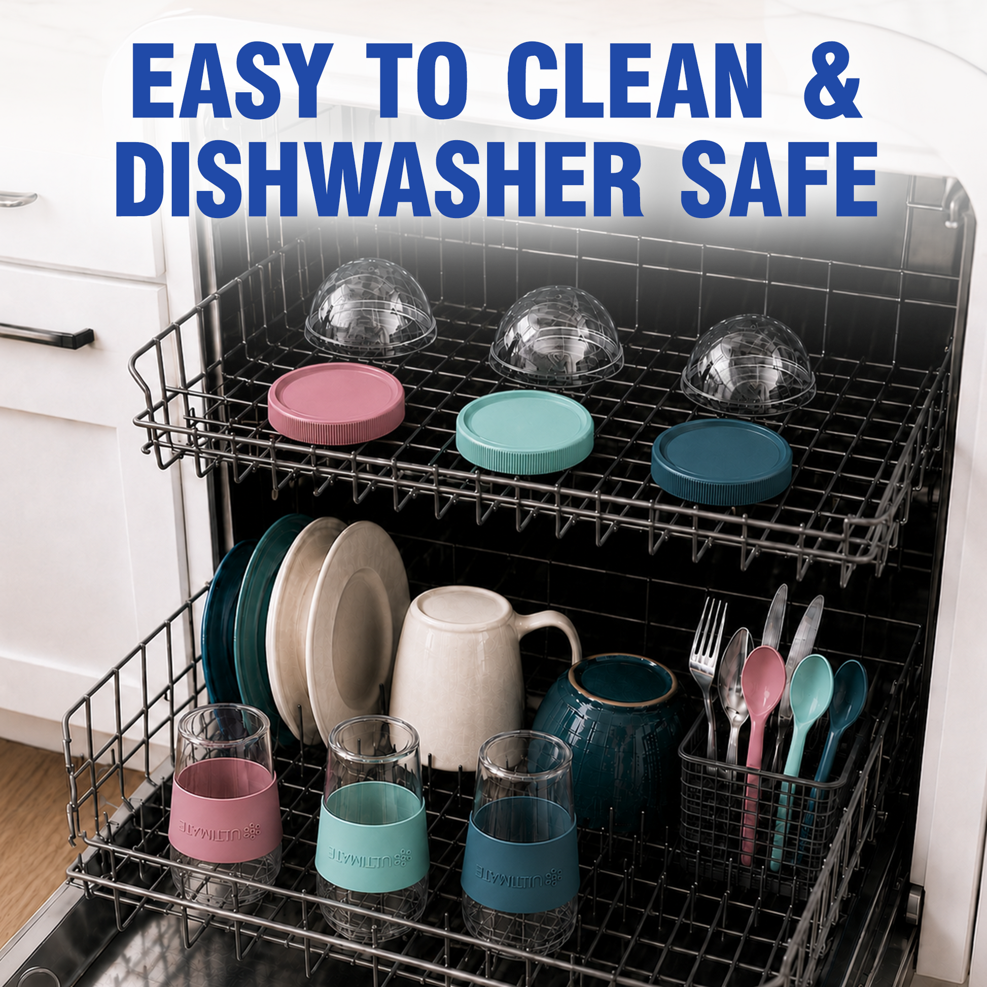 Colorful silicone dishwasher-safe dish drying covers in pink, teal, and blue with the Ultimate Yogurt Parfait Cups shown inside a dishwasher rack, with large blue text overlay reading 'EASY TO CLEAN & DISHWASHER SAFE'.