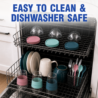 Colorful silicone dishwasher-safe dish drying covers in pink, teal, and blue with the Ultimate Yogurt Parfait Cups shown inside a dishwasher rack, with large blue text overlay reading 'EASY TO CLEAN & DISHWASHER SAFE'.