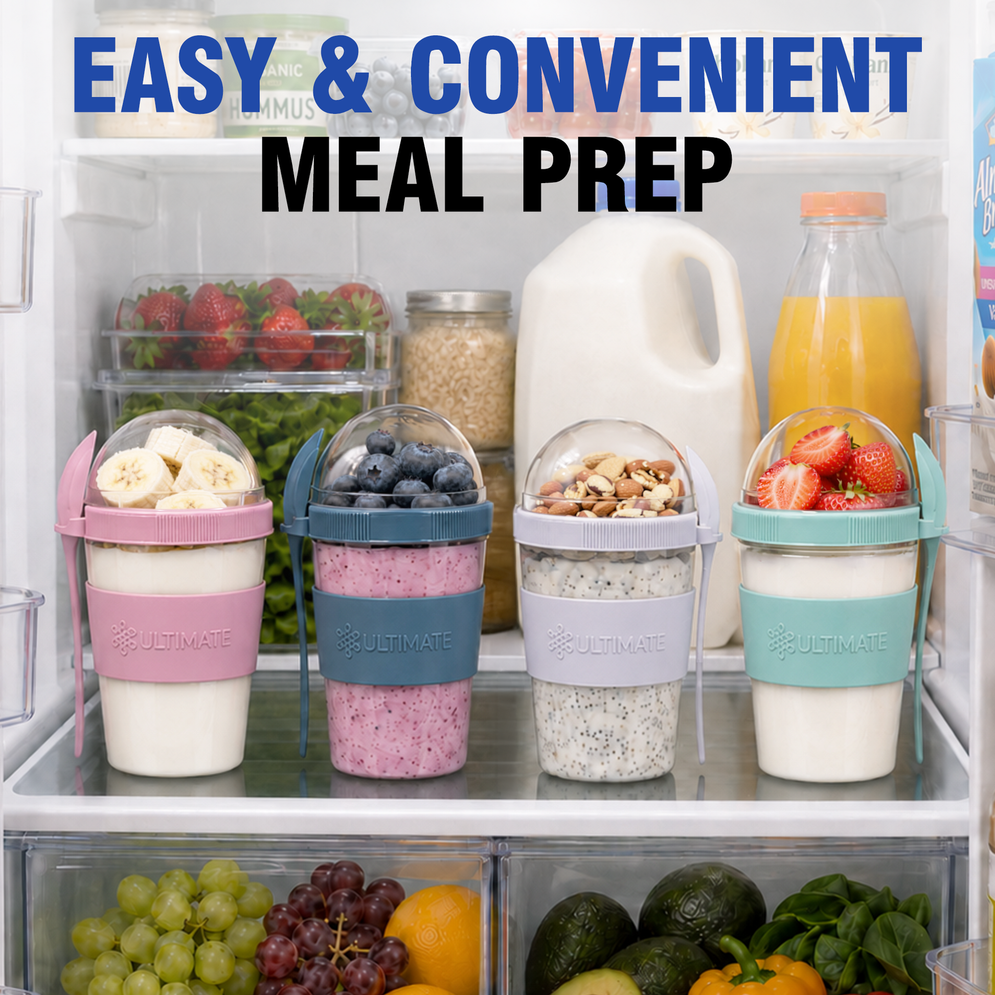 Four portable Ultimate Yogurt Parfait Cups filled with breakfast foods are arranged on a refrigerator shelf. The cups have pink, blue, white, and mint green silicone sleeves, and the lids are clear with small domes.