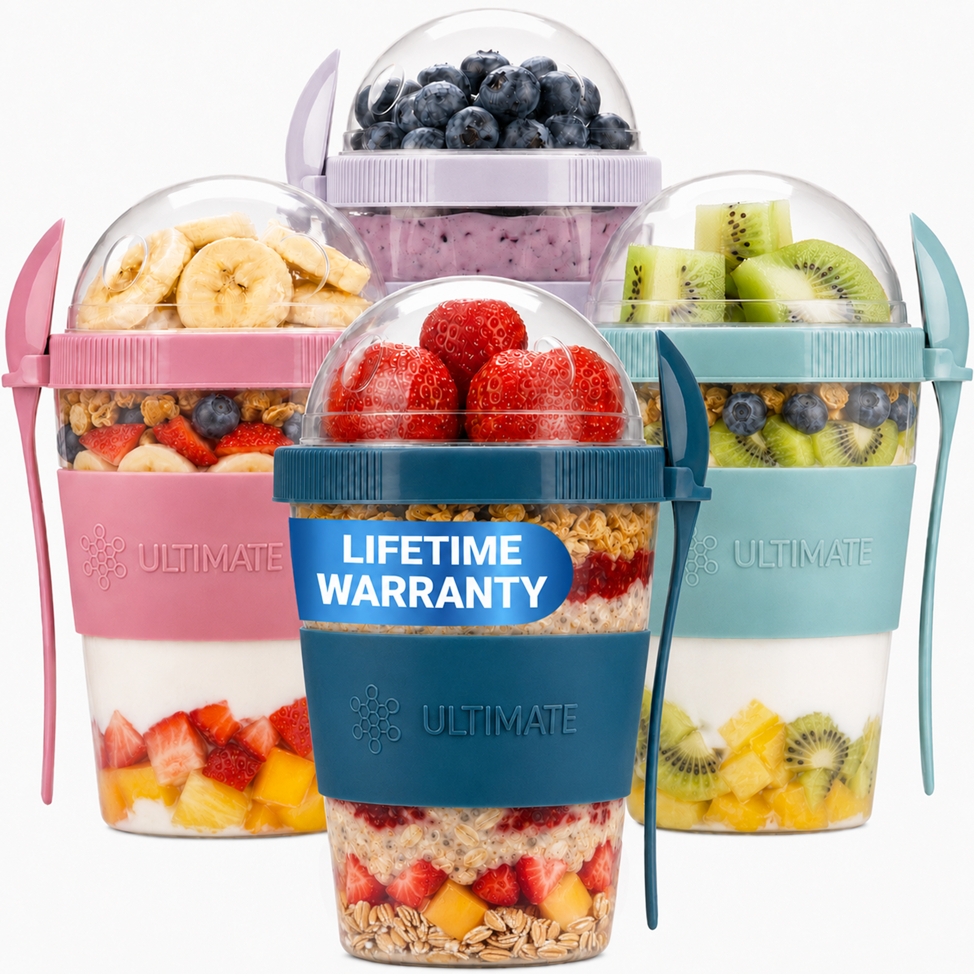 Four Ultimate Yogurt Parfait Cups clear lids and colorful silicone sleeves, filled with fruit and granola, on a white background. A blue badge on the center container reads 'LIFETIME WARRANTY'.