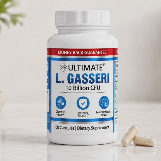 Video: Ultimate L. Gasseri Probiotic 10 Billion CFU bottle and capsules on a marble counter