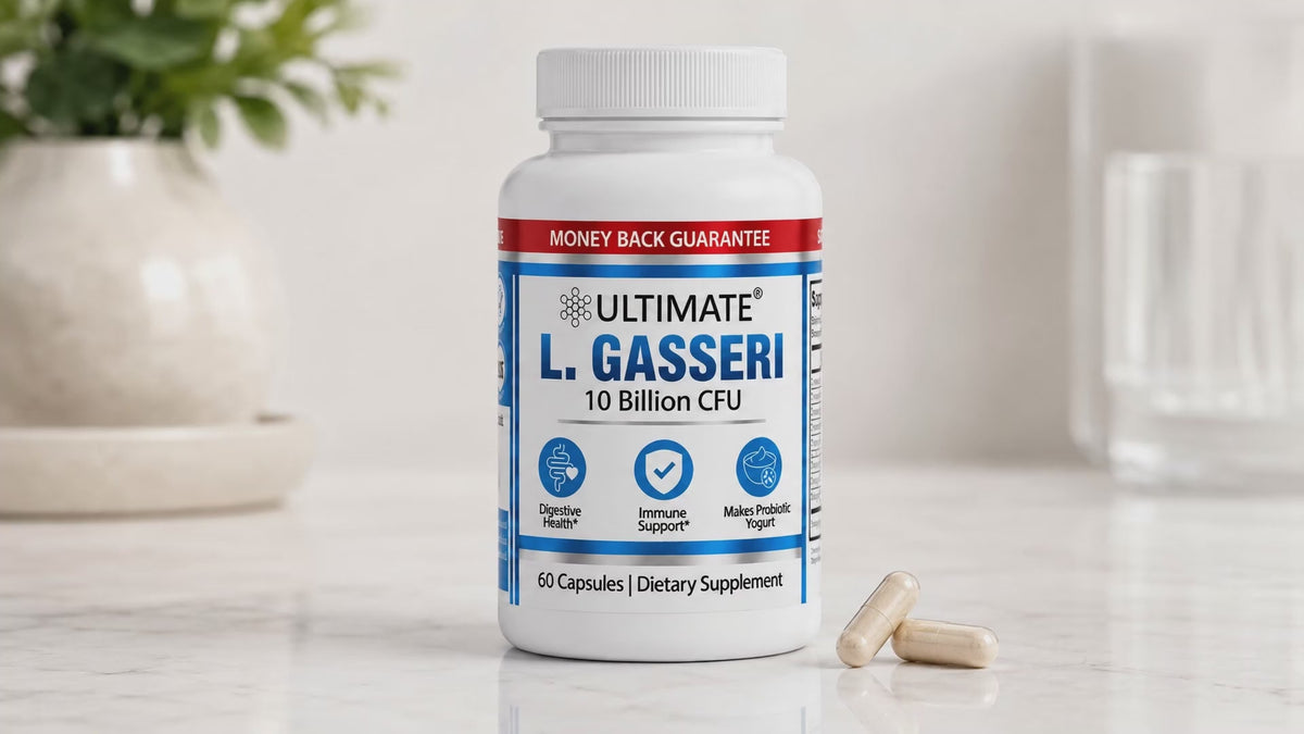 Video: Ultimate L. Gasseri Probiotic 10 Billion CFU bottle and capsules on a marble counter