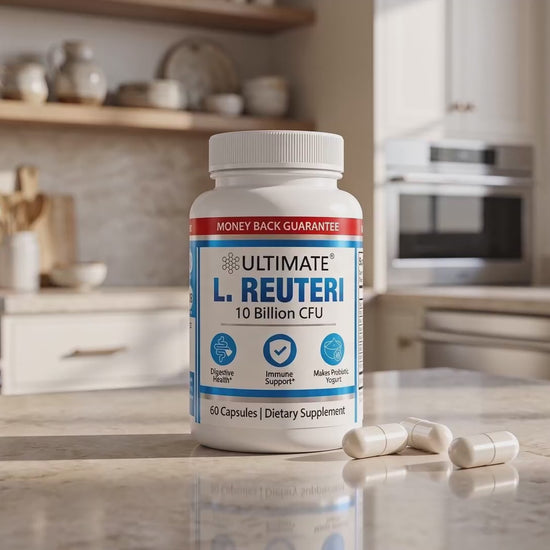 Video: Ultimate L. Reuteri Probiotic 10 Billion CFU bottle and capsules on a kitchen counter