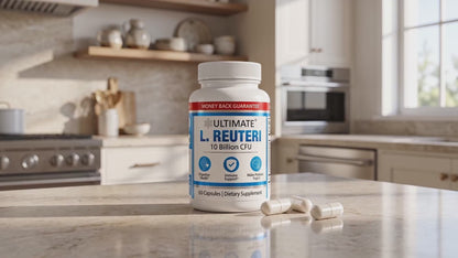 Video: Ultimate L. Reuteri Probiotic 10 Billion CFU bottle and capsules on a kitchen counter