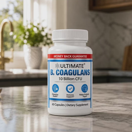 Video: Ultimate B. Coagulans Probiotic 10 Billion CFU bottle on a kitchen counter, a yogurt-starter probiotic